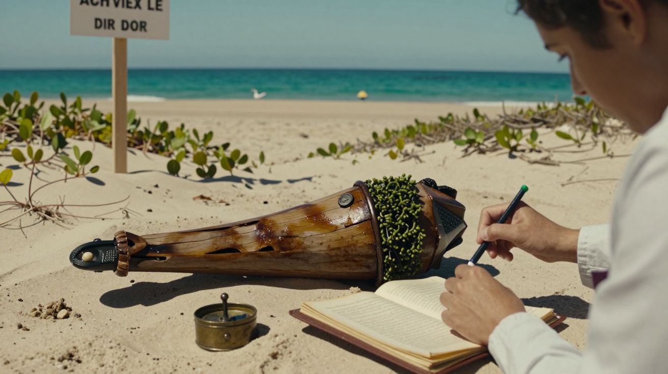 Pessoa escrevendo num caderno na praia, com uma perna de madeira ao lado e o mar ao fundo.