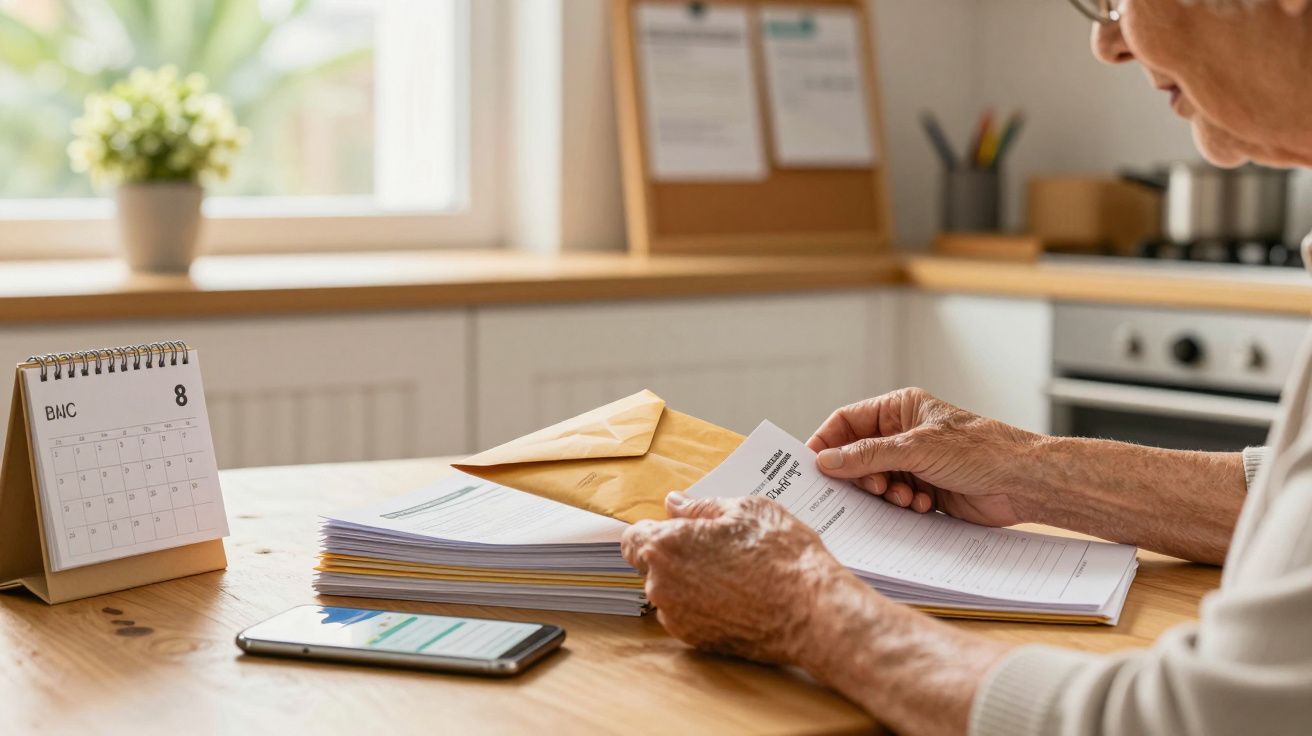 Pessoa idosa revendo documentos na cozinha, com um calendário, envelope, e telemóvel sobre a mesa.