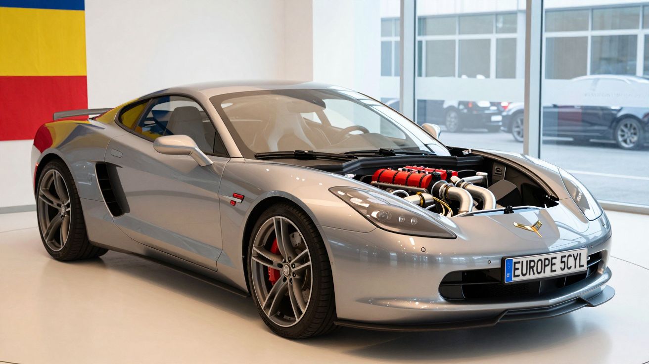 Carro desportivo prateado com capô aberto exibindo motor complexo em exposição interior.