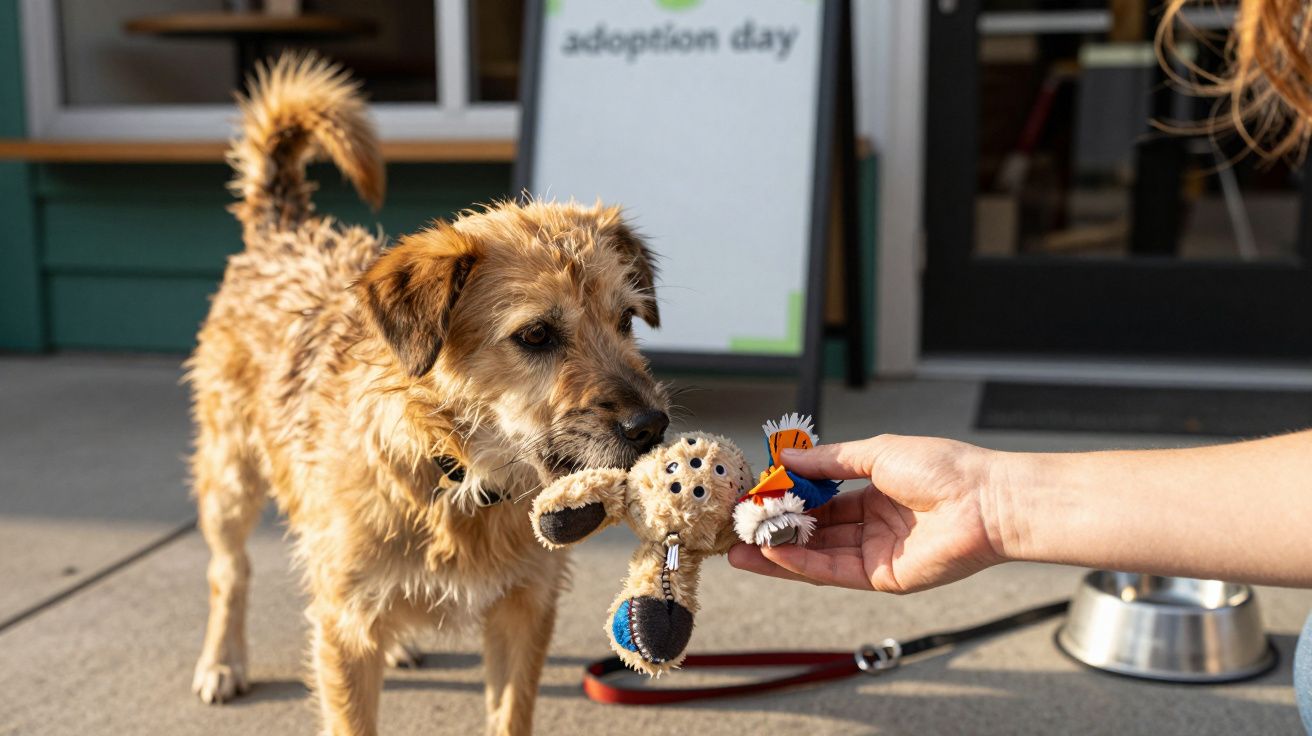 Cão peludo recebe um brinquedo de uma pessoa em um evento de adoção, com uma tigela de água ao lado.
