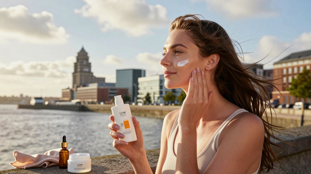 Mulher aplicando protetor solar no rosto à beira-mar, com edifícios ao fundo.