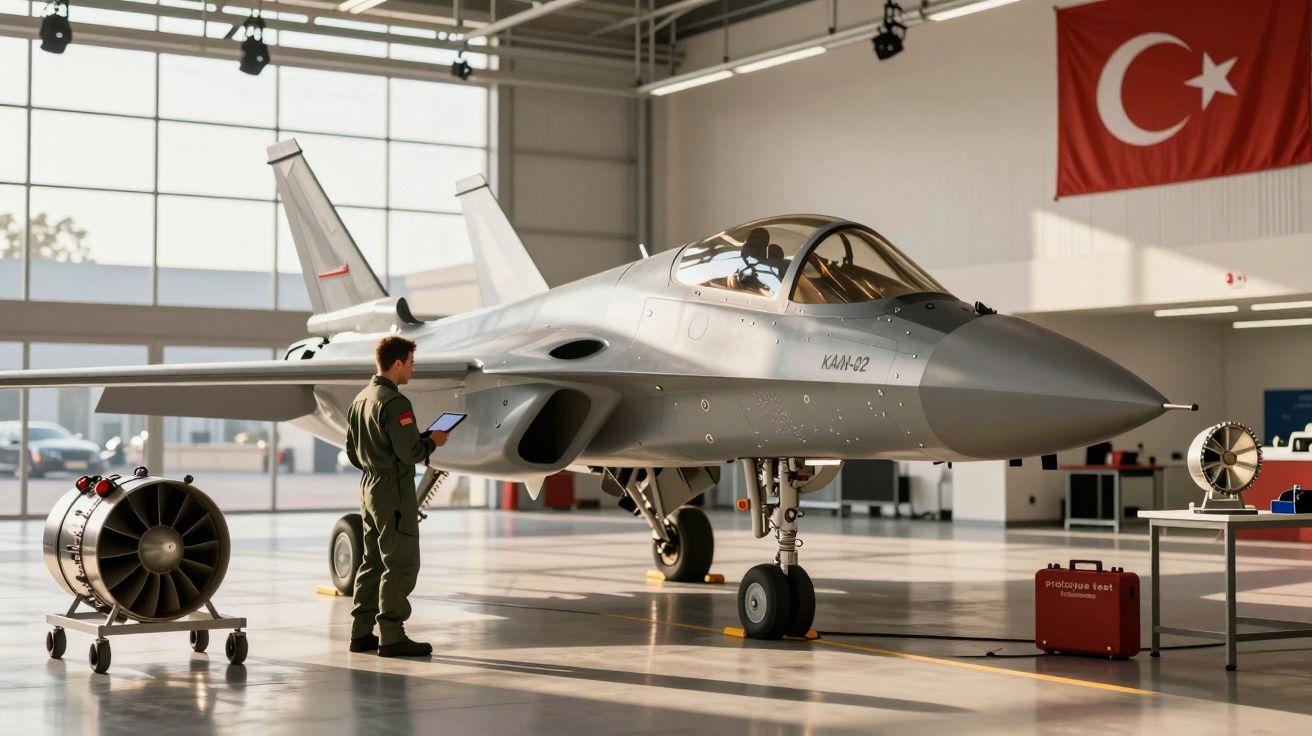 Hangar com caça cinza e técnico ao lado. Bandeira da Turquia pendurada na parede.