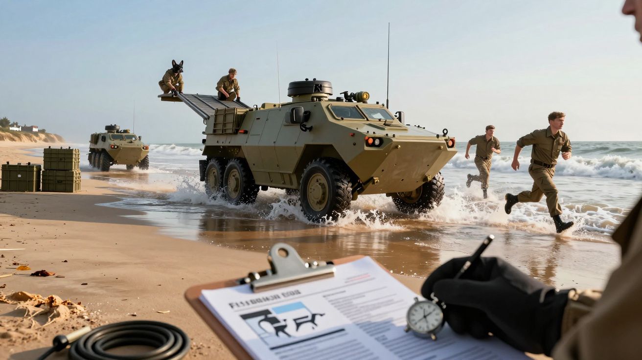 Veículos militares e soldados na praia, um soldado com cronómetro observa, enquanto veículos saem da água.