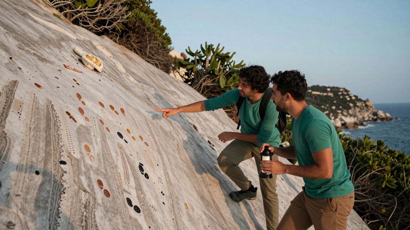 Dois homens examinam pedras coloridas dispostas em padrão numa encosta rochosa, com mar e vegetação ao fundo.