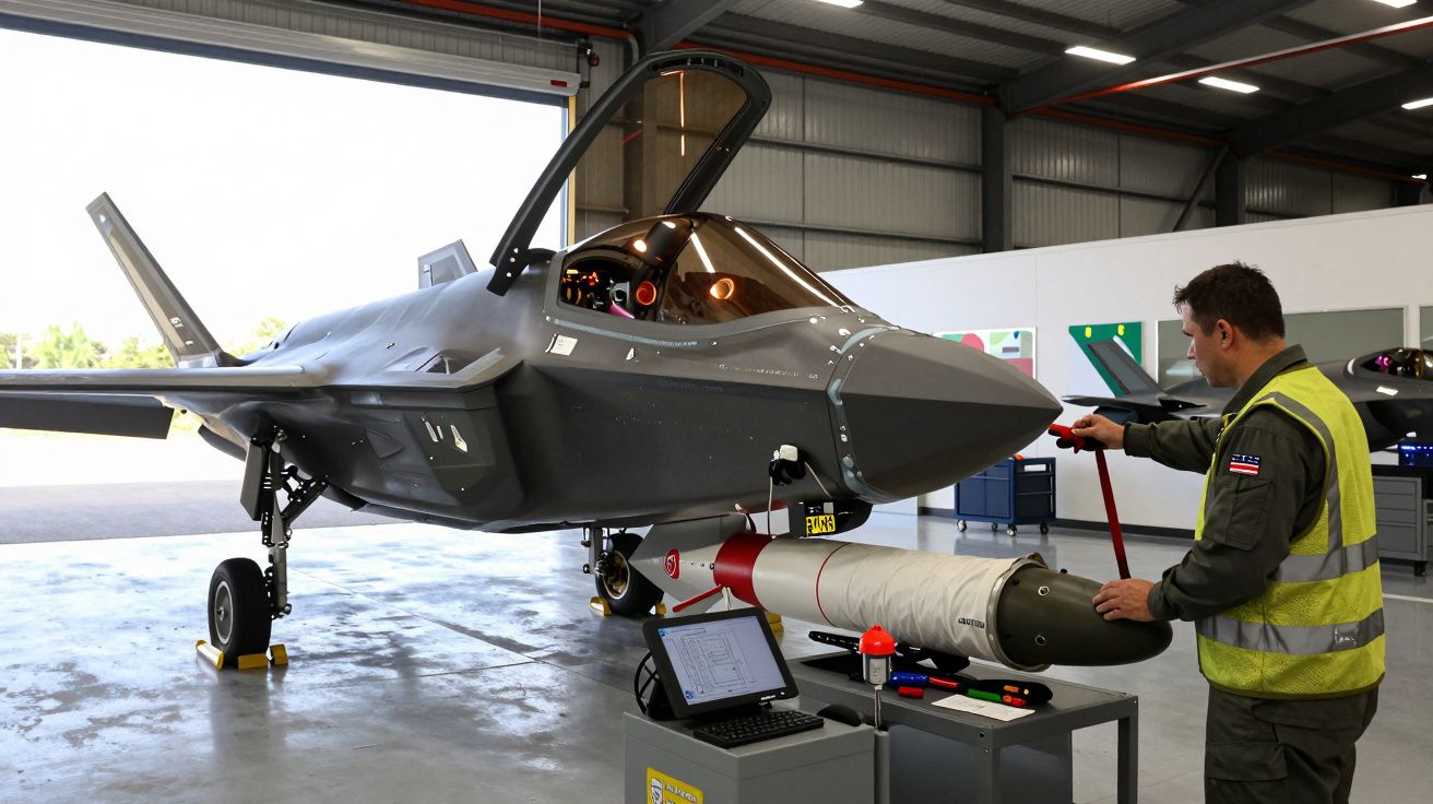 Avião de combate em hangar com técnico ajustando equipamento militar ao lado e computador portátil na bancada.
