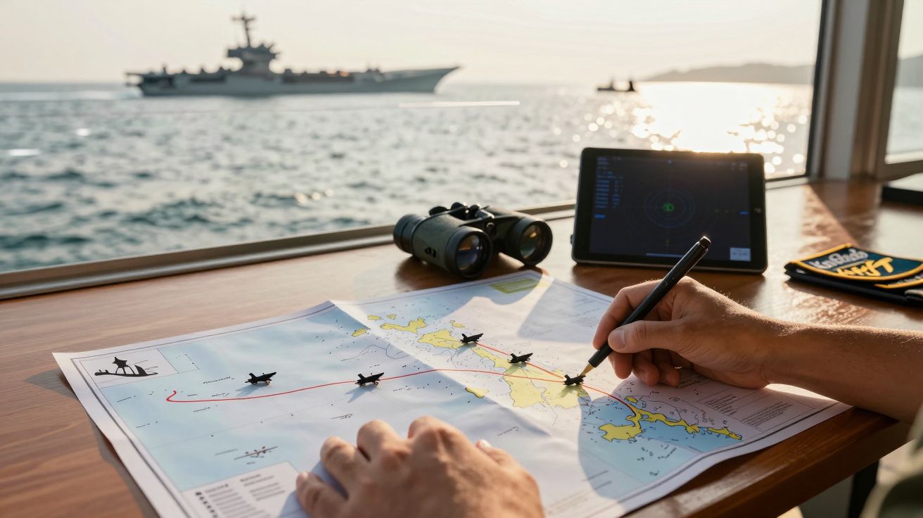 Pessoa traça uma rota num mapa náutico numa mesa junto ao mar, com binóculos e tablet, enquanto navio passa ao fundo.