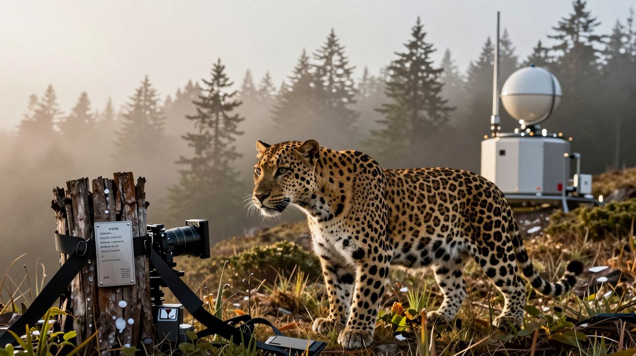 Leopardo caminha perto de câmara e estação meteorológica em floresta com neblina e pinheiros ao fundo.