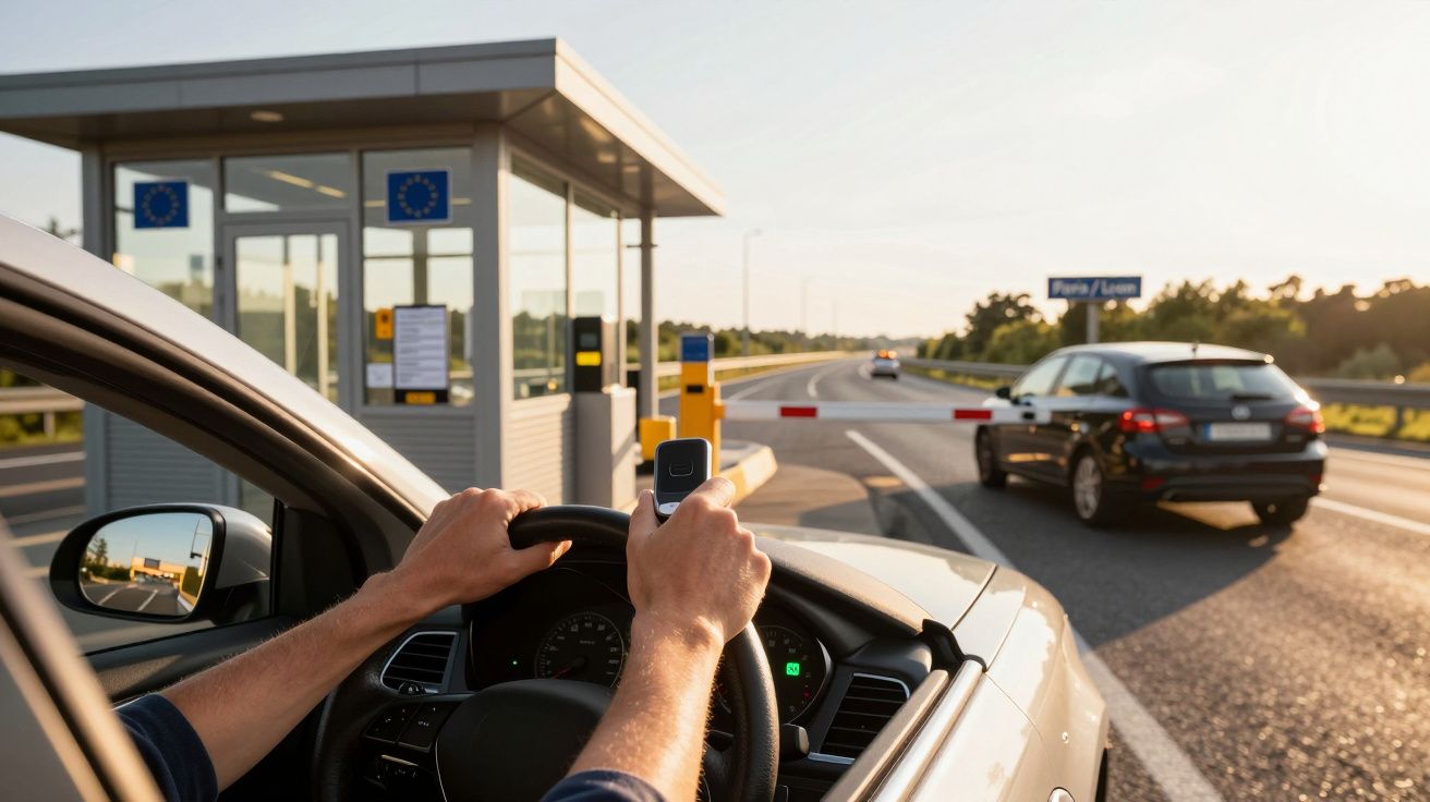 Carro a passar por uma portagem com condutor a segurar um dispositivo de pagamento, estrada aberta à frente.