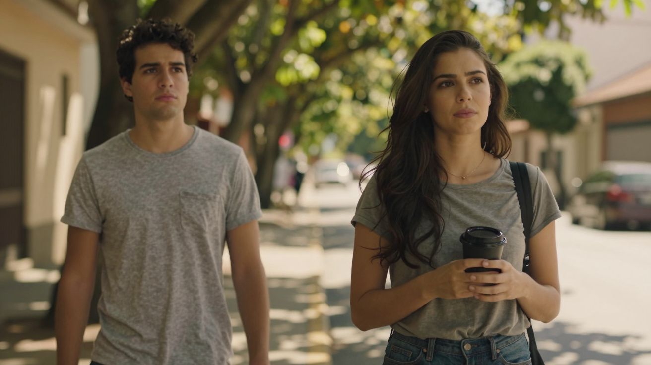 Duas pessoas a caminhar numa rua arborizada, uma segurando um copo de café, ambas com roupas casuais.