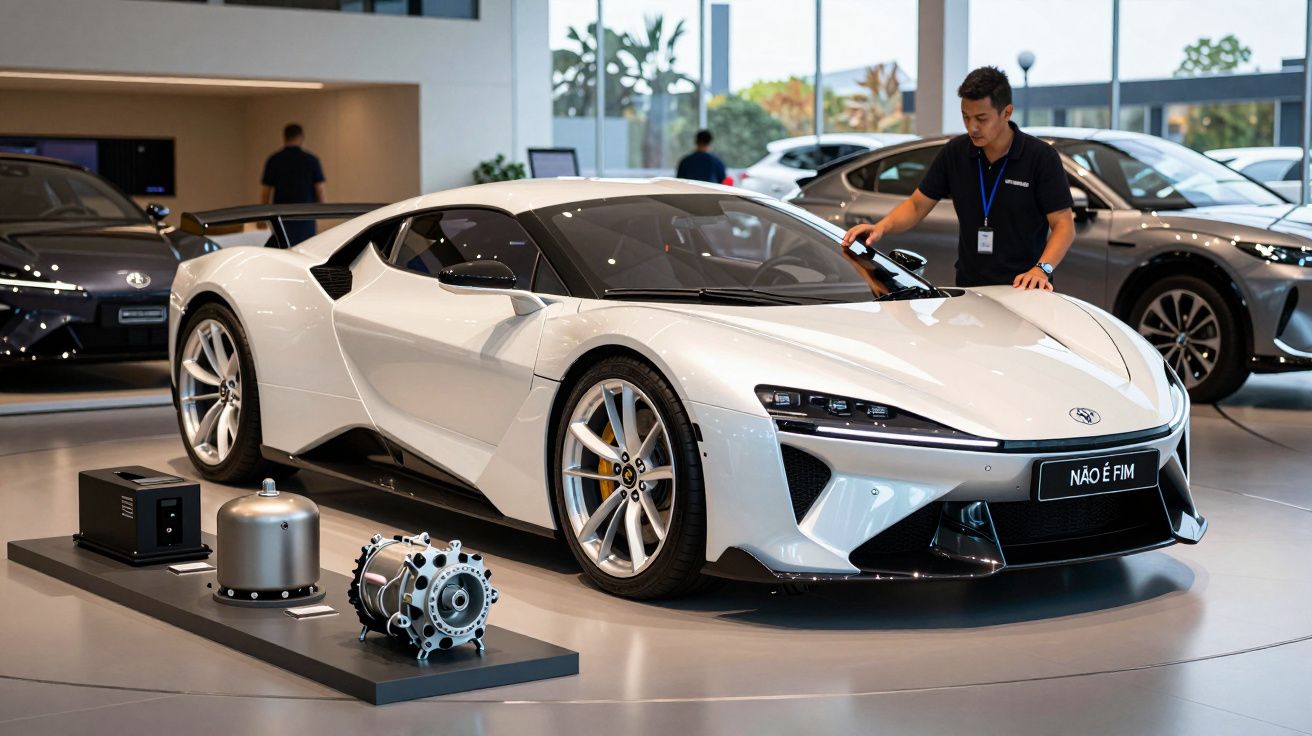 Carro desportivo branco num showroom com peças de motor à frente e um homem a observar.