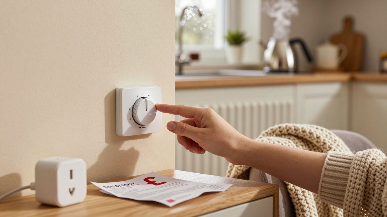 Mão ajustando termostato na parede, com uma conta de eletricidade sobre a mesa na cozinha iluminada.