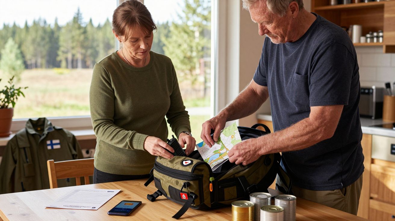 Casal a preparar mochila com mapa e lata de conservas numa cozinha, vista de janela ao fundo.