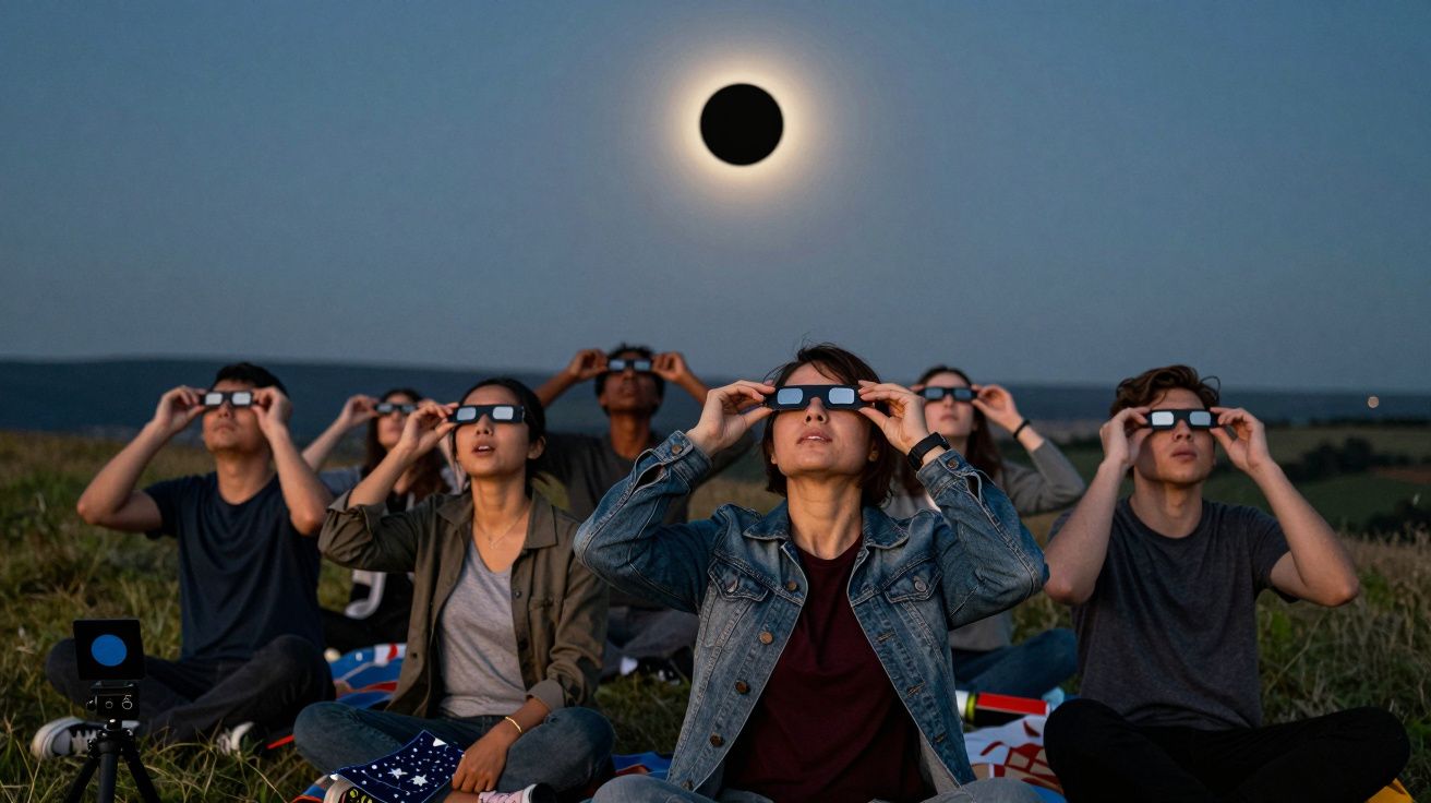 Grupo de pessoas observa um eclipse solar com óculos especiais em campo aberto ao entardecer.