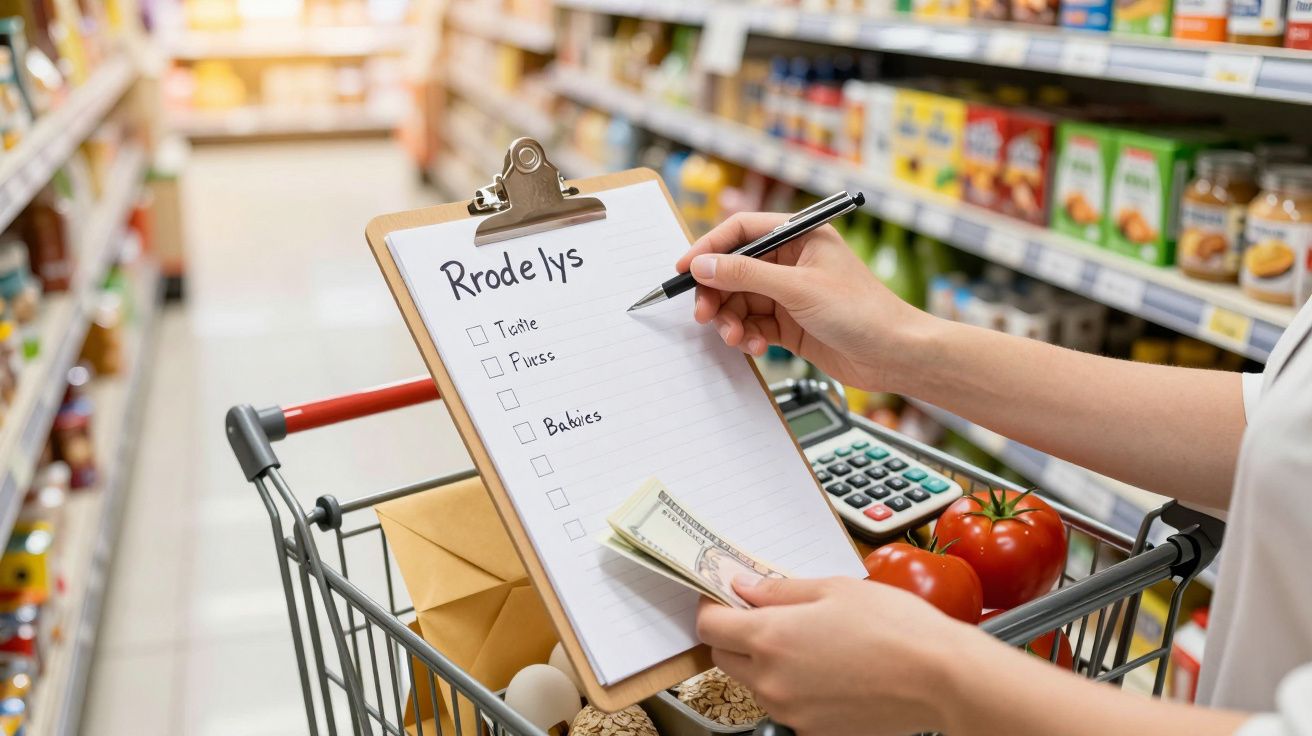 Pessoa faz lista de compras num supermercado, segurando um bloco de notas com uma caneta e notas de dinheiro na mão.