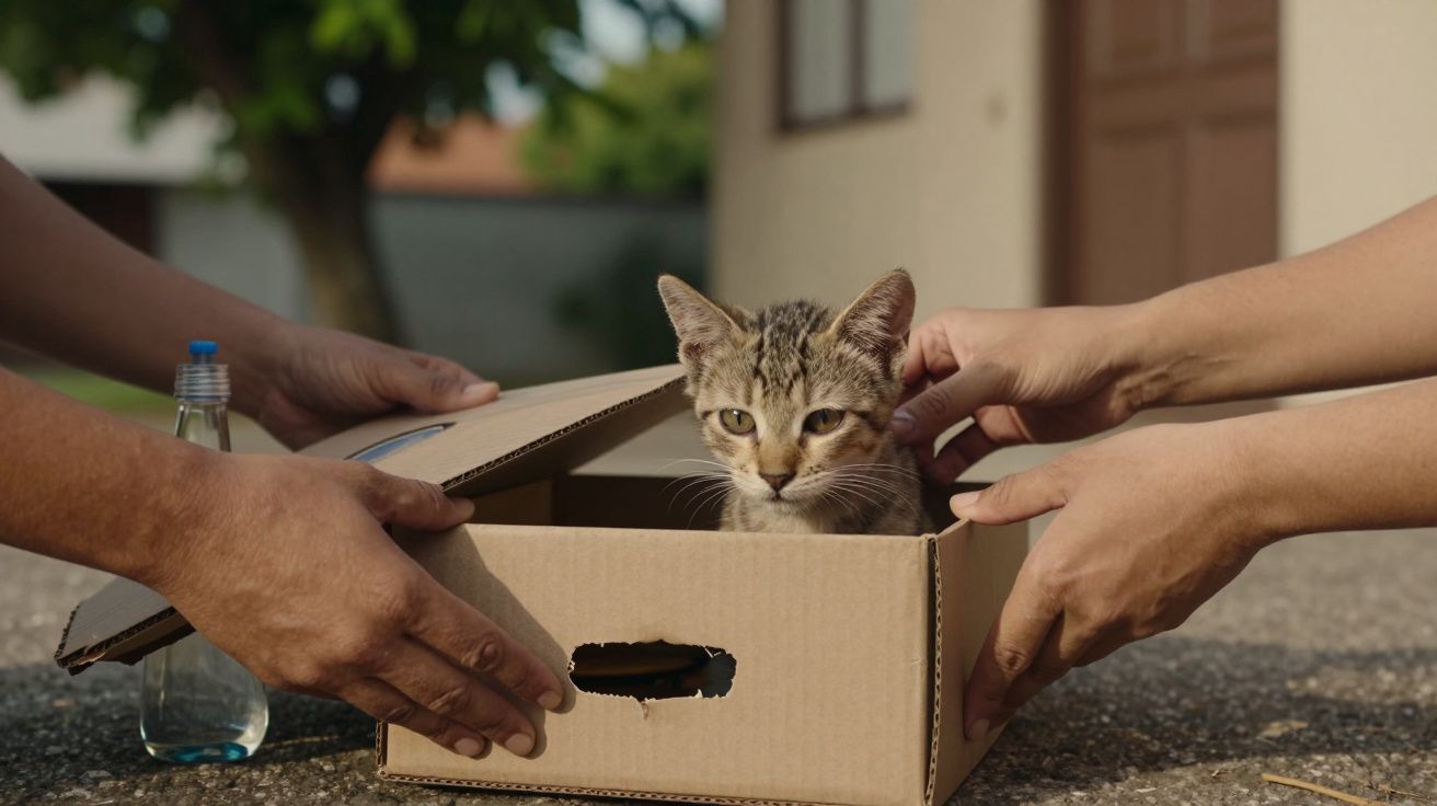 Gato dentro de uma caixa de cartão sendo segurada por duas mãos ao ar livre, com uma garrafa ao lado.