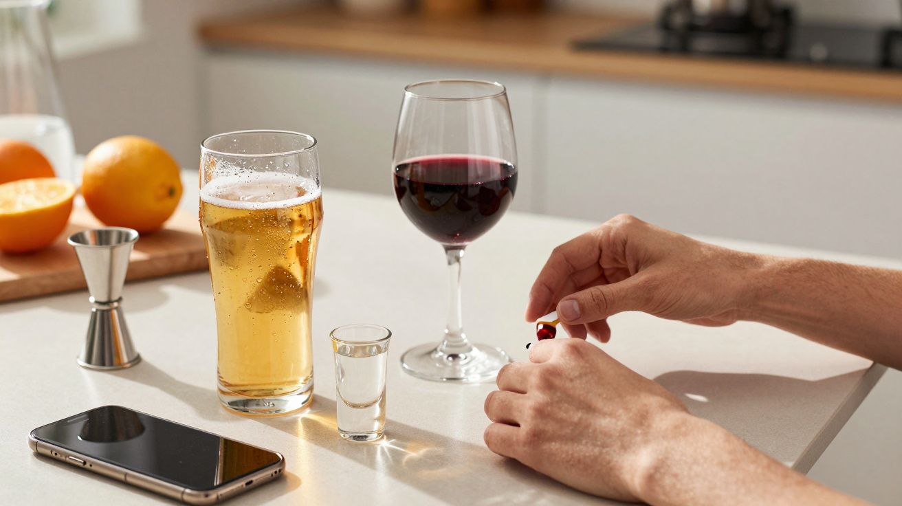 Mãos segurando comprimido em mesa com copos de vinho, cerveja e shot, laranja ao fundo e telemóvel à esquerda.