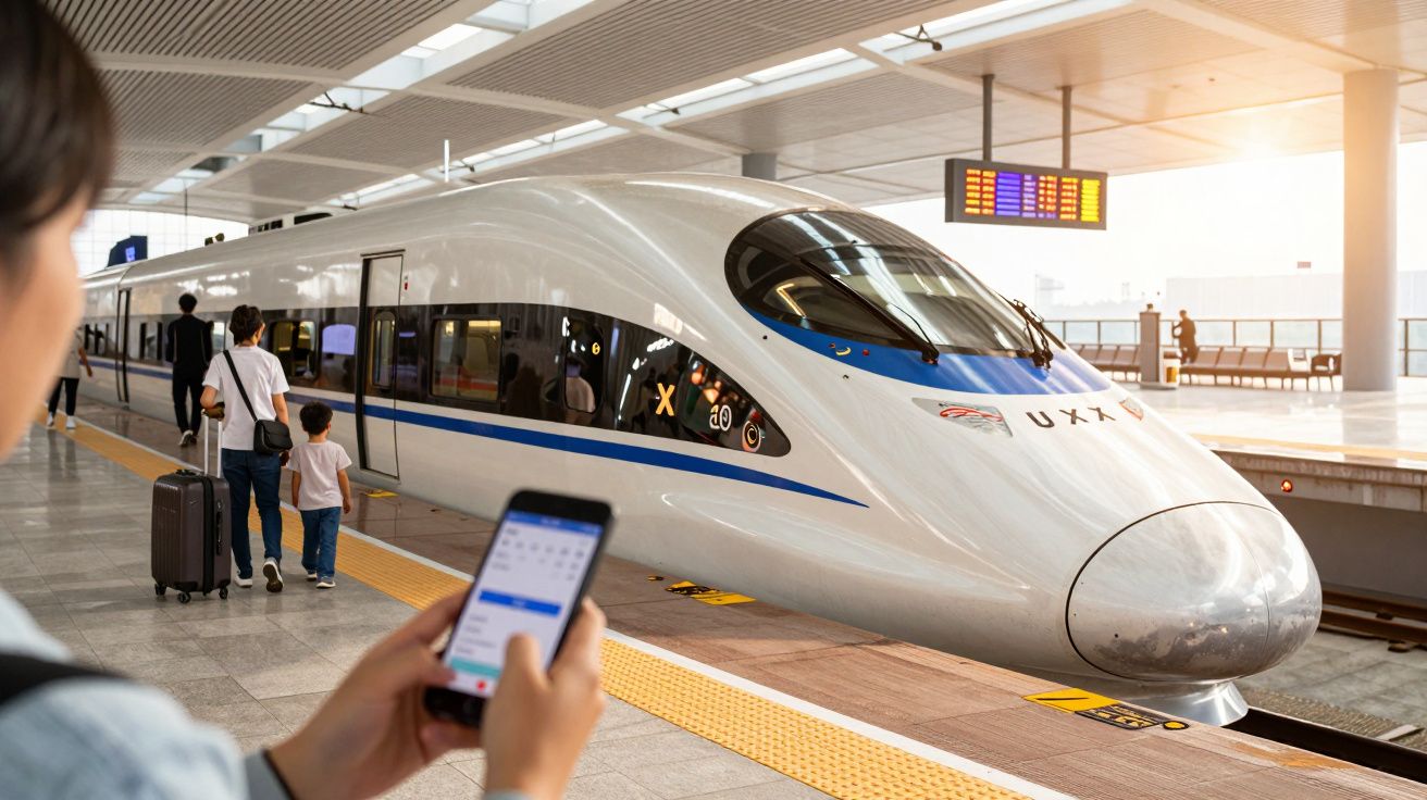 Pessoa com telemóvel observa comboio de alta velocidade em estação moderna.