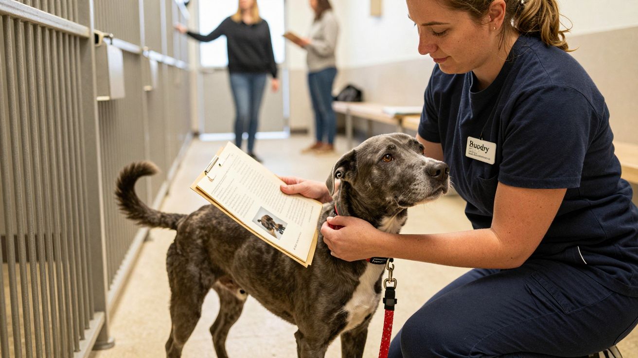 Mulher de uniforme azul acaricia um cão cinza com uma coleira, segurando uma prancheta com papéis.