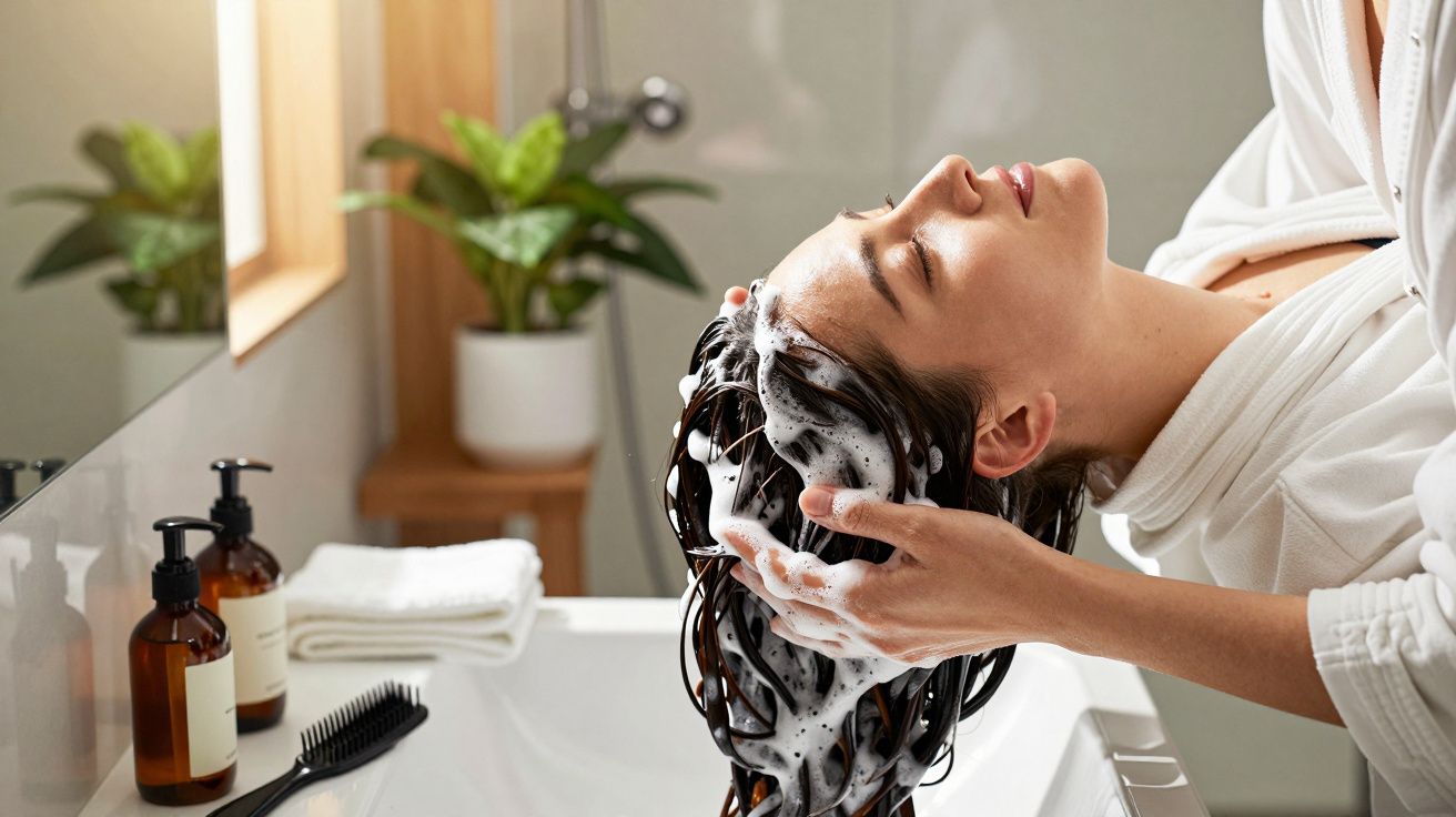Mulher lava o cabelo num lavatório, espumando shampoo, rodeada por toalhas e produtos de higiene.