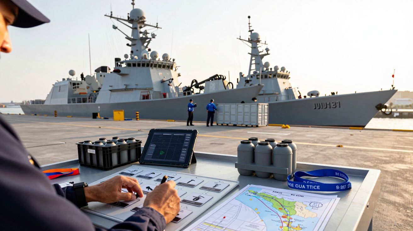 Homem com tablet e mapas num porto, navio de guerra ao fundo, duas pessoas próximas ao navio.