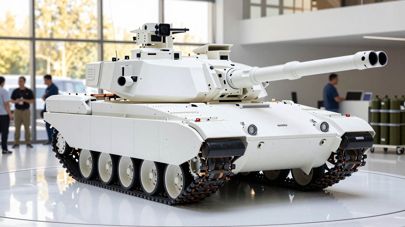 Tanque militar branco em exposição num espaço interior, com pessoas ao fundo.