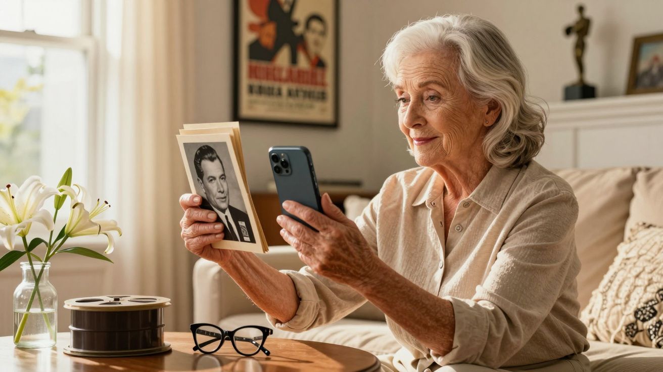 Idosa sentada no sofá segura uma foto antiga e um telemóvel, rodeada por flores, óculos e um rolo de filme.