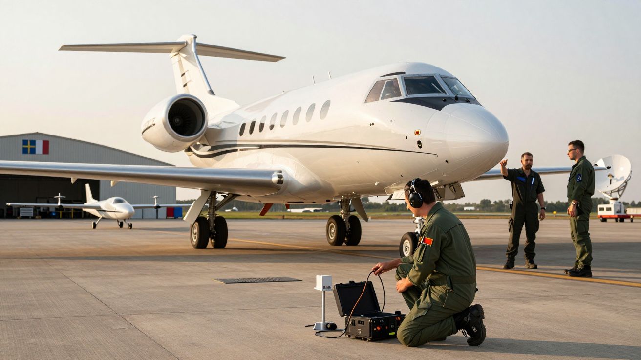 Avião executivo em pista com três militares, um operando equipamento de comunicação. Hangar ao fundo.