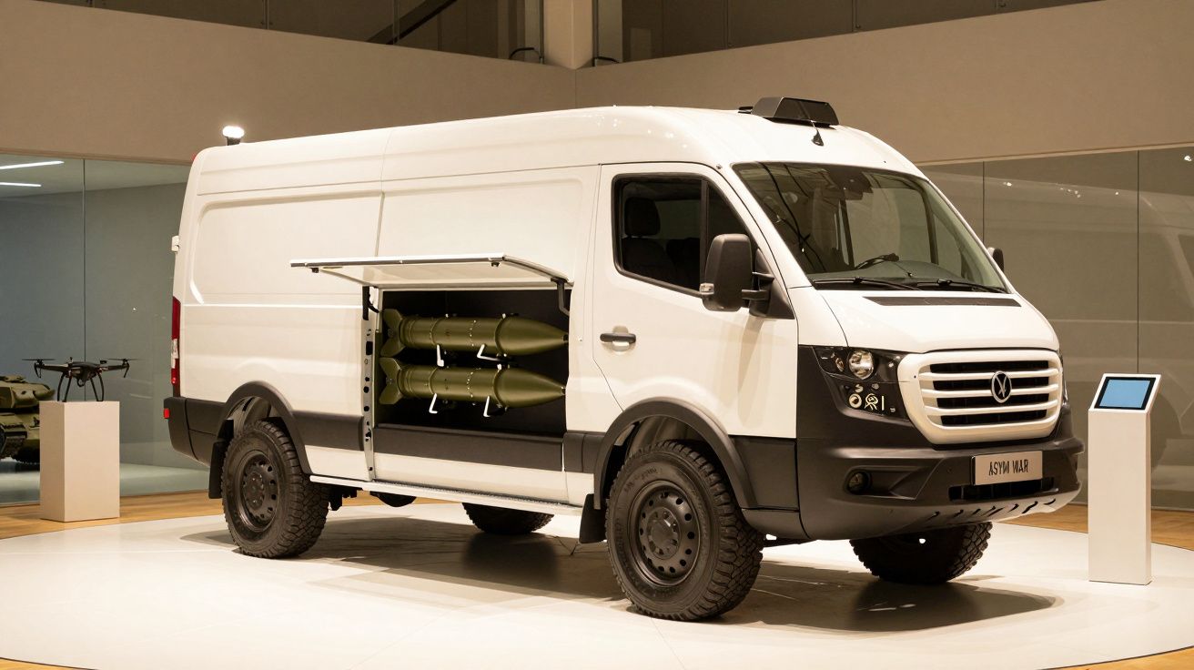 Carrinha branca com compartimento lateral aberto exibindo mísseis, estacionada num espaço de exposição.