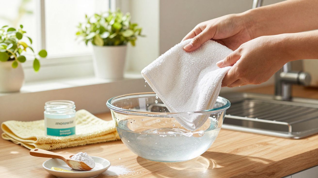 Mãos a lavar um pano branco numa tigela de vidro com água sobre uma bancada de cozinha, plantas e produtos de limpeza ao fund