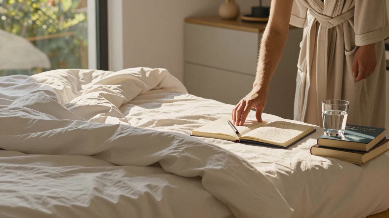 Cama desarrumada com livro aberto e copo de água; pessoa em roupão ajustar a página sob luz natural.