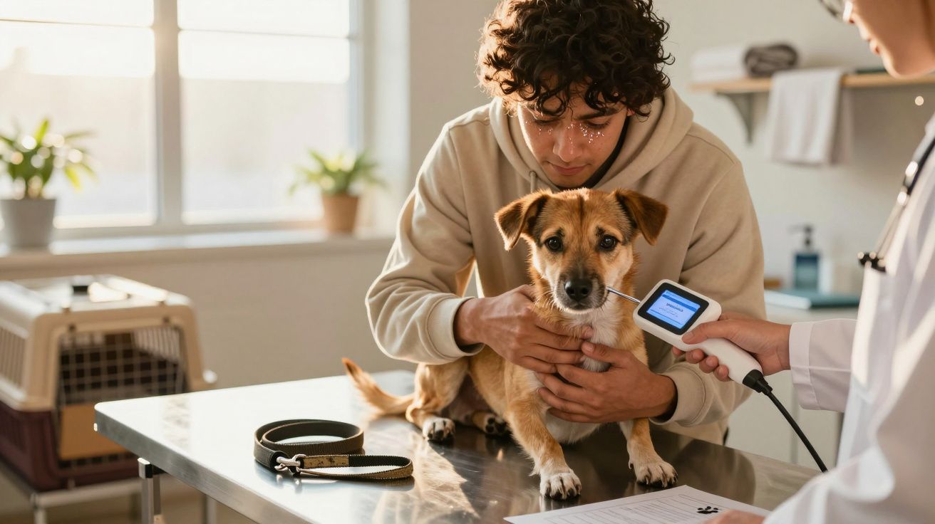 Homem com cão numa mesa de exame veterinário enquanto o veterinário usa um dispositivo para check-up do animal.