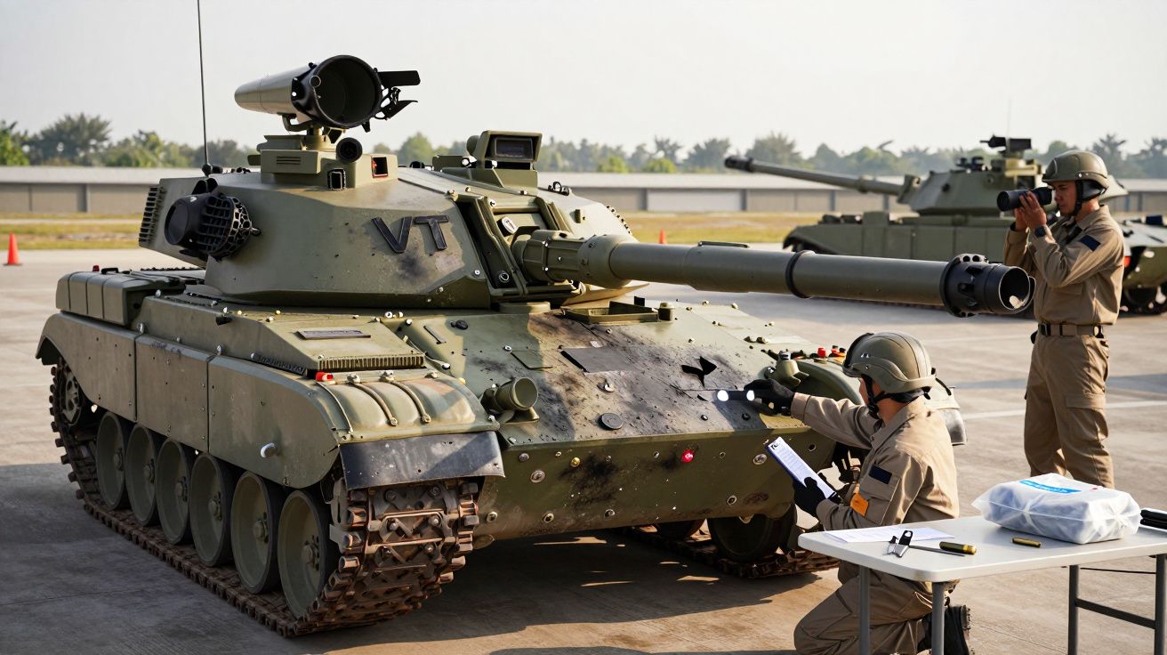 Soldados inspecionam um tanque militar verde em um campo aberto, com ferramentas e mesa ao lado.