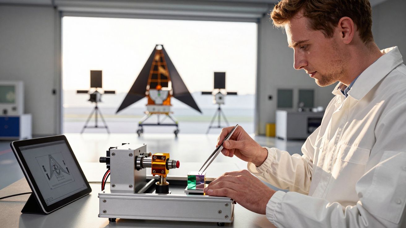 Técnico em laboratório utiliza pinça e equipamento avançado, com tablet ao lado e instrumentos ao fundo.