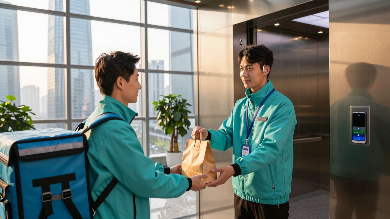 Um entregador em uniforme azul recebe um saco de papel de um colega em frente a um elevador.