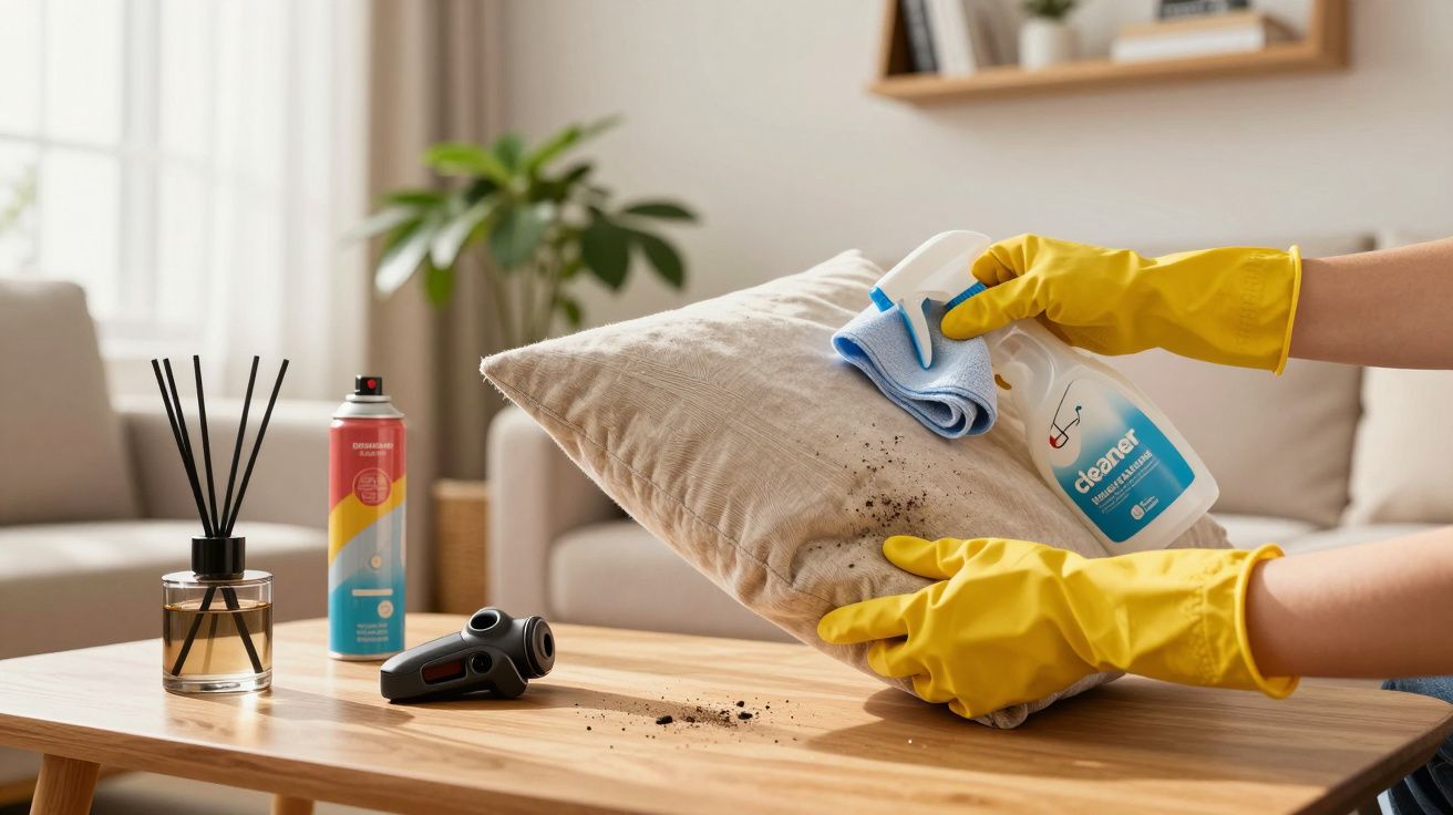 Pessoa com luvas amarelas limpa almofada suja numa sala, usando spray e pano azul. Produtos de limpeza na mesa.