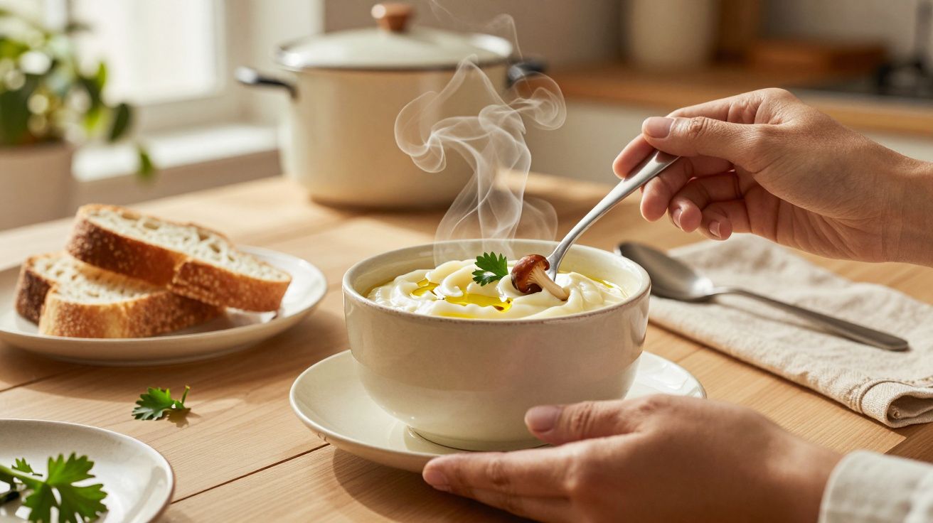 Mãos seguram taça de sopa quente com ervas, acompanhada de pão fatiado numa mesa de madeira, panela ao fundo.