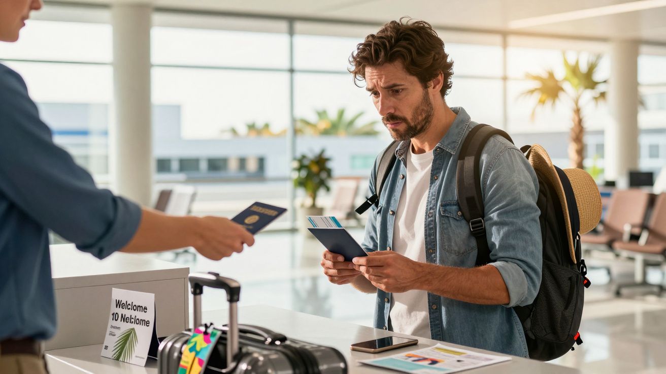 Homem no balcão do aeroporto com passaporte na mão, mochila e chapéu, parece confuso ou preocupado.