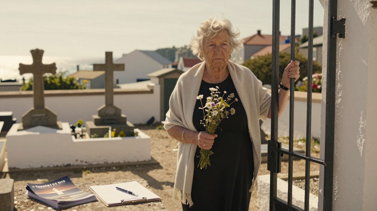 Senhora idosa com flores, em pé num cemitério, com lápides ao fundo e um portão de ferro ao lado.