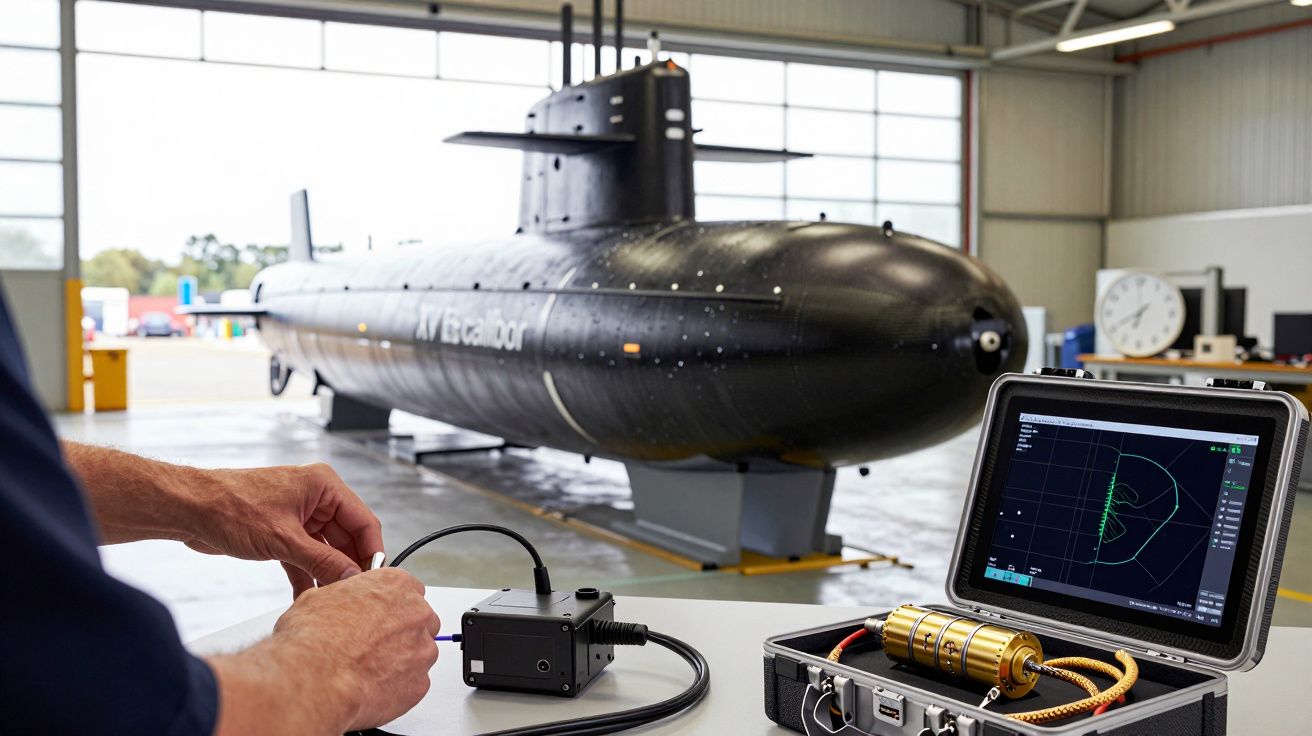 Submarino preto em hangar com equipamento de monitorização em primeiro plano.