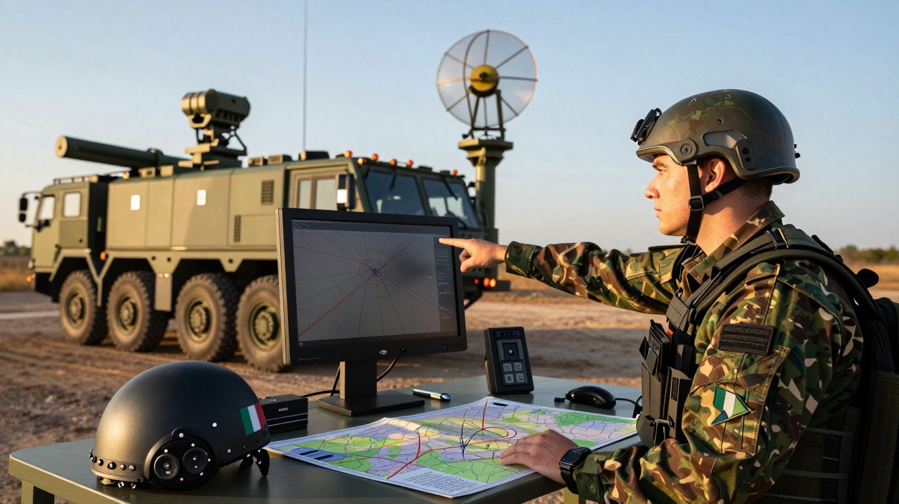 Soldado em uniforme camuflado usa computador ao lado de veículo militar com antena num cenário ao ar livre.