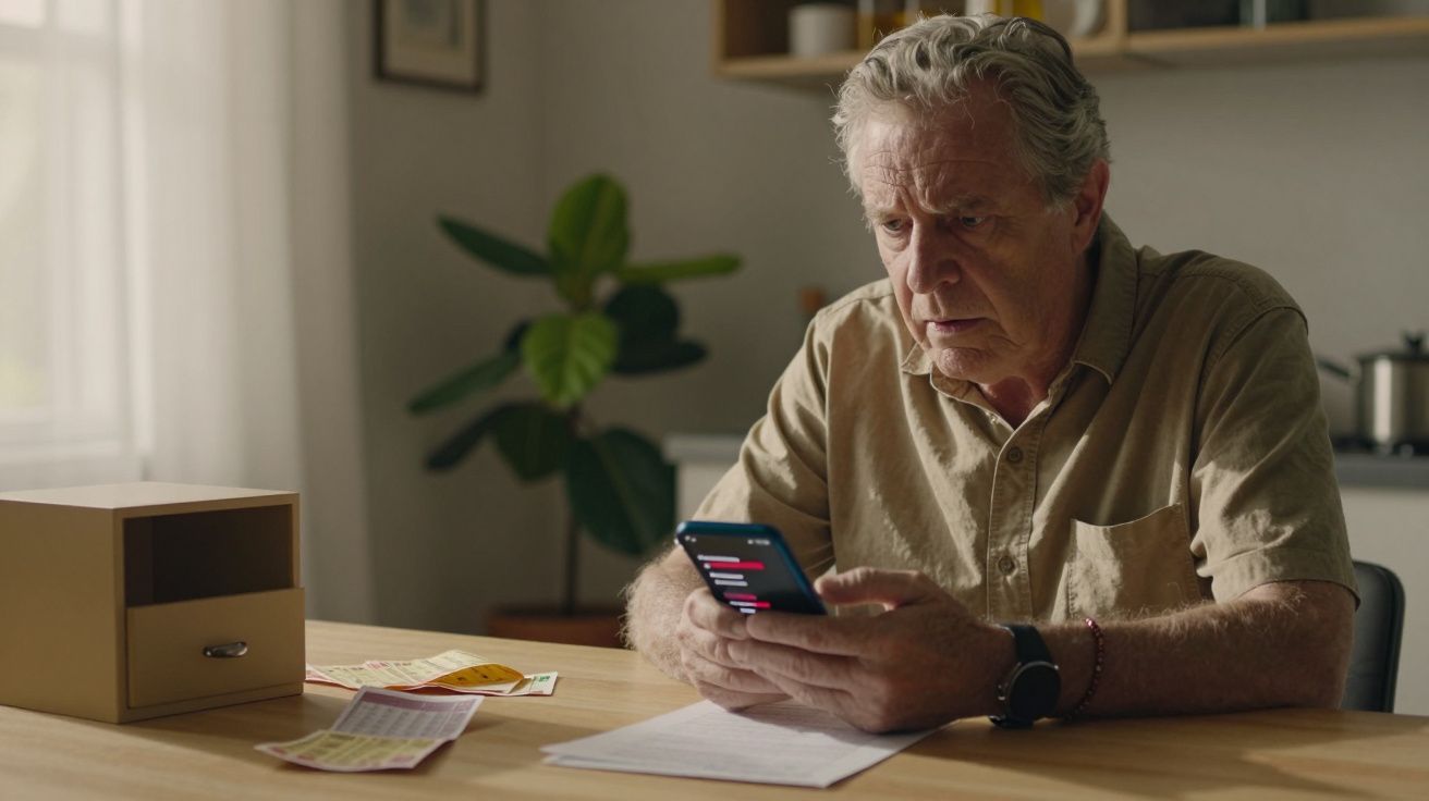 Homem idoso olhando para o telemóvel com expressão preocupada, sentado à mesa com papéis e caixa ao lado.
