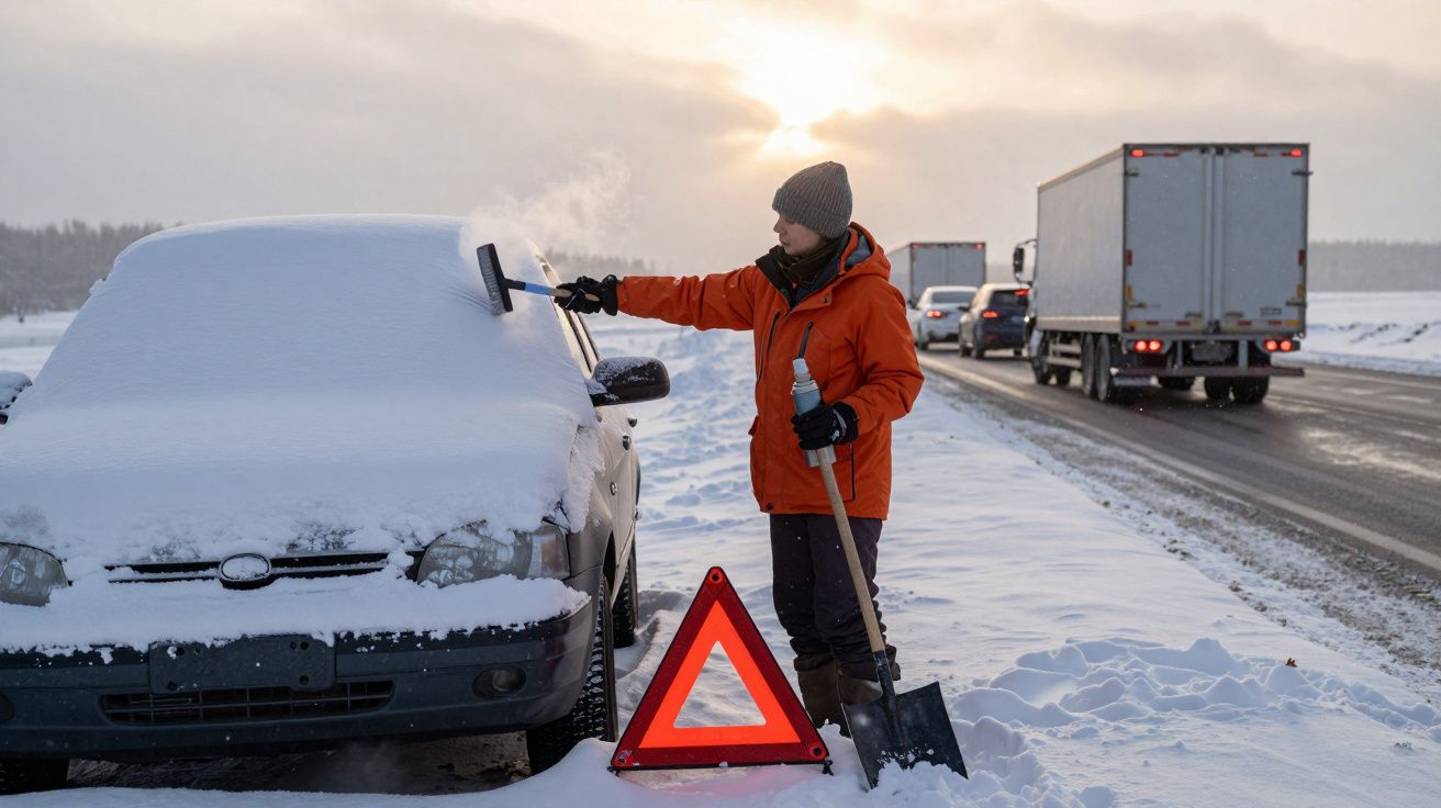 Pessoa com um gorro remove neve de um carro parado na estrada, com um triângulo de aviso e pá na neve.