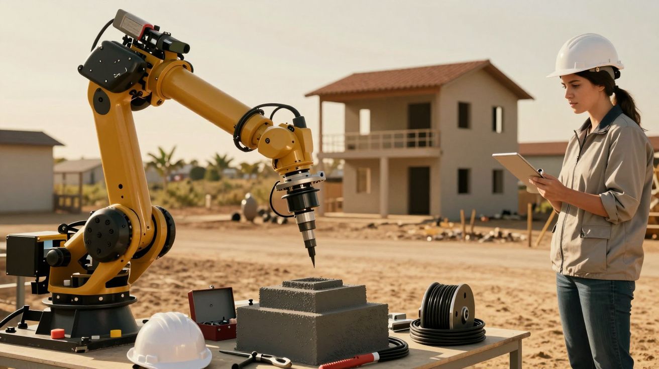 Mulher num estaleiro observa um braço robótico a perfurar um bloco de betão, com capacete e tablet na mão.