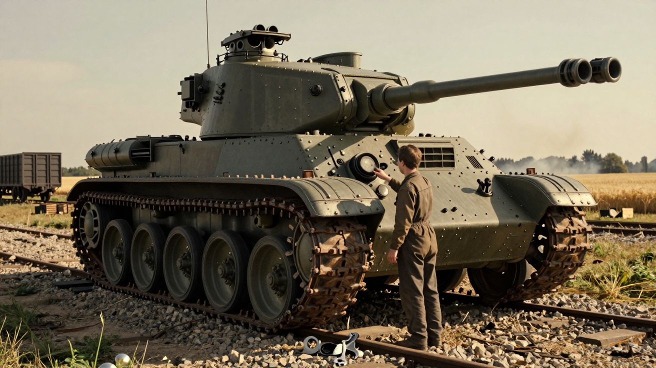 Homem examina tanque militar estacionado em linha férrea, com campo ao fundo.