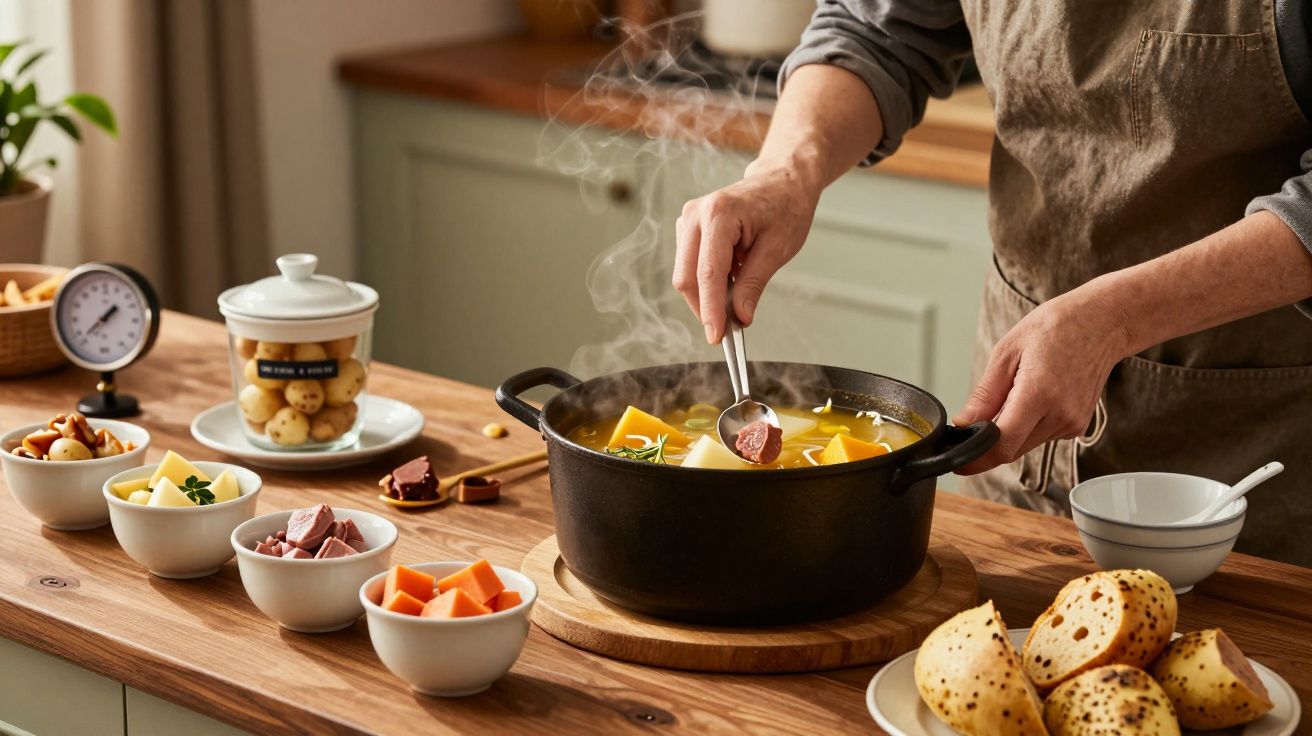 Pessoa cozinha sopa num tacho preto com ingredientes em tigelas ao lado, numa cozinha rústica.