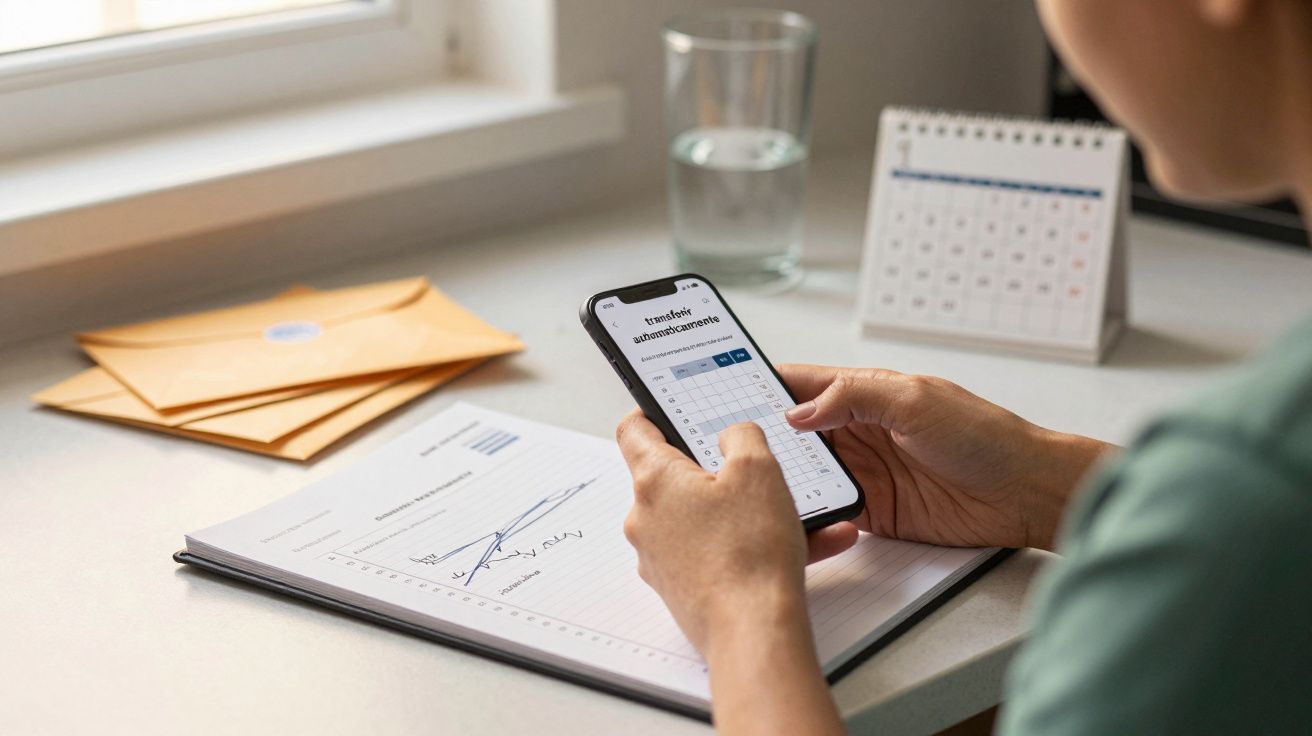 Pessoa a consultar calendário no telemóvel, com documentos, envelopes e copo de água na mesa.