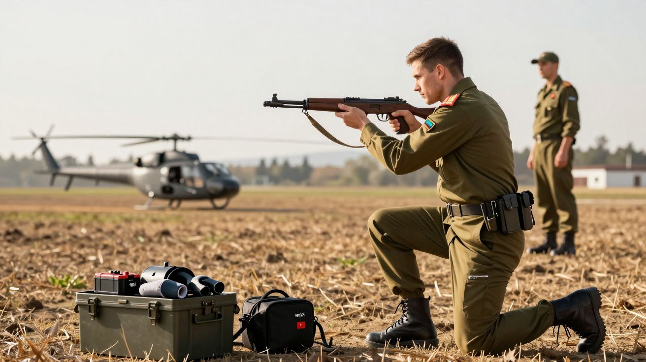 Soldado ajoelhado aponta arma em campo, helicóptero ao fundo, equipamento militar no chão, outro soldado ao longe.