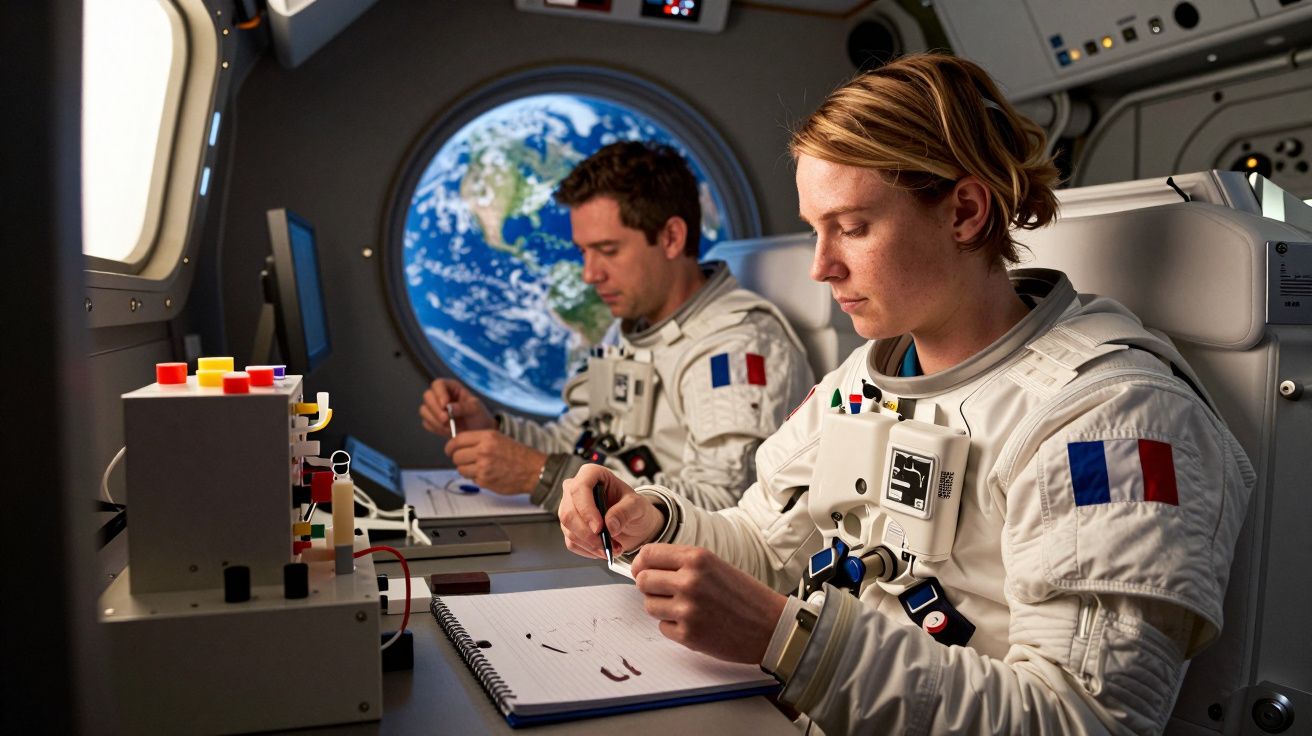 Dois astronautas franceses dentro de uma nave espacial, escrevendo em cadernos, com a Terra visível pela janela.