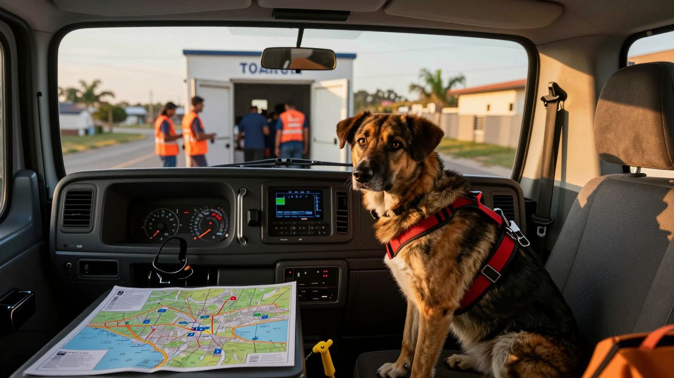Cão sentado num camião, com um mapa aberto no painel. Pessoas em coletes refletores ao fundo.