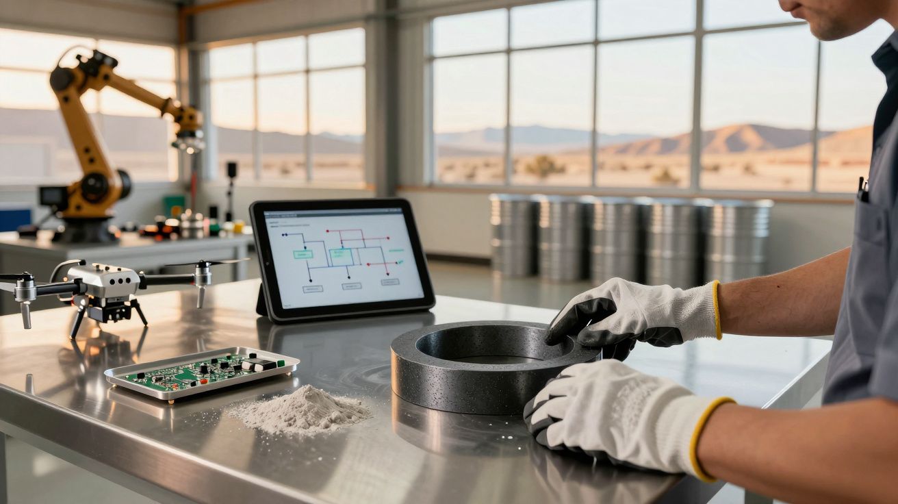 Homem a trabalhar numa bancada com um tablet, drone, pó de metal e peças eletrónicas. Robô ao fundo junto a janelas.